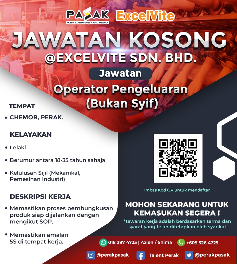 perakpasak's tweet photo. JAWATAN KOSONG
Excelvite Sdn. Bhd
Chemor, Perak.
1️⃣ Operator Pengeluaran (Syif)
2️⃣ Operator Pengeluaran (Bukan Syif)
🔗 https://t.co/6Fi7ROPwFR
☎️ https://t.co/U6R2E0UY3B (Isnin - Jumaat jam 9.00 pagi - 5.00 petang - Tidak termasuk cuti umum)
#Excelvite #operatorpengeluaran https://t.co/vJIJhrueUD