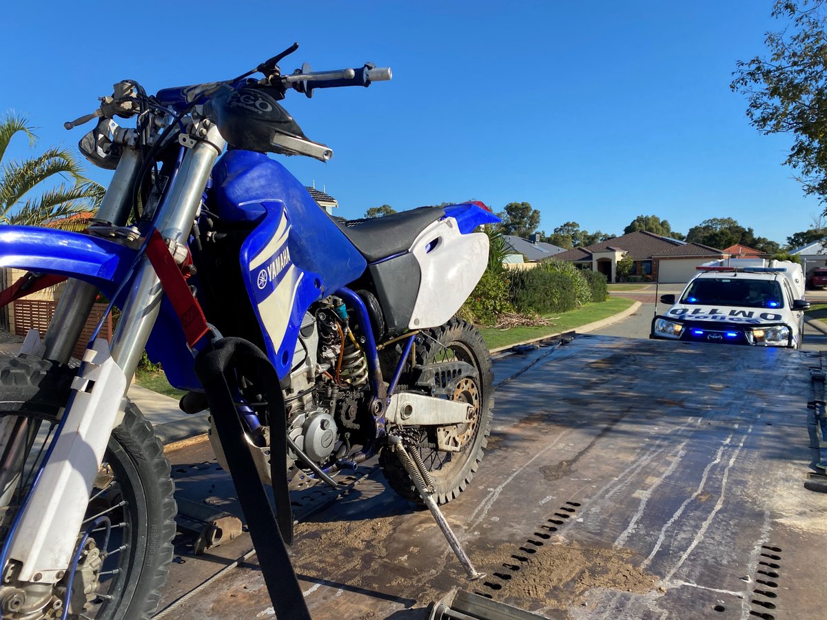 MandurahPol's tweet photo. Off-road motorbike seized in the Halls Head area after numerous complaints from members of the public. Bike headed to the crusher and 17 year old male rider summonsed to appear before the Magistrate. #OpRIVERWIND #yamahahaha #wheeliegood #fb https://t.co/WQFVicWH6N