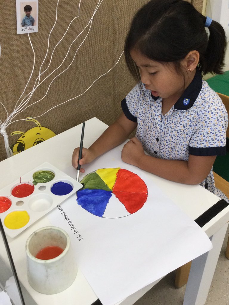WPS_FS2's tweet image. Lots of fun in #FS2B exploring new colours that can be made by mixing the primary colours! Can you remember which new colour you created when you mix yellow and blue? #WPSFSExpressiveArts
