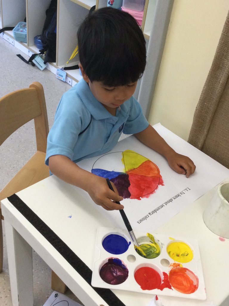 WPS_FS2's tweet image. Lots of fun in #FS2B exploring new colours that can be made by mixing the primary colours! Can you remember which new colour you created when you mix yellow and blue? #WPSFSExpressiveArts