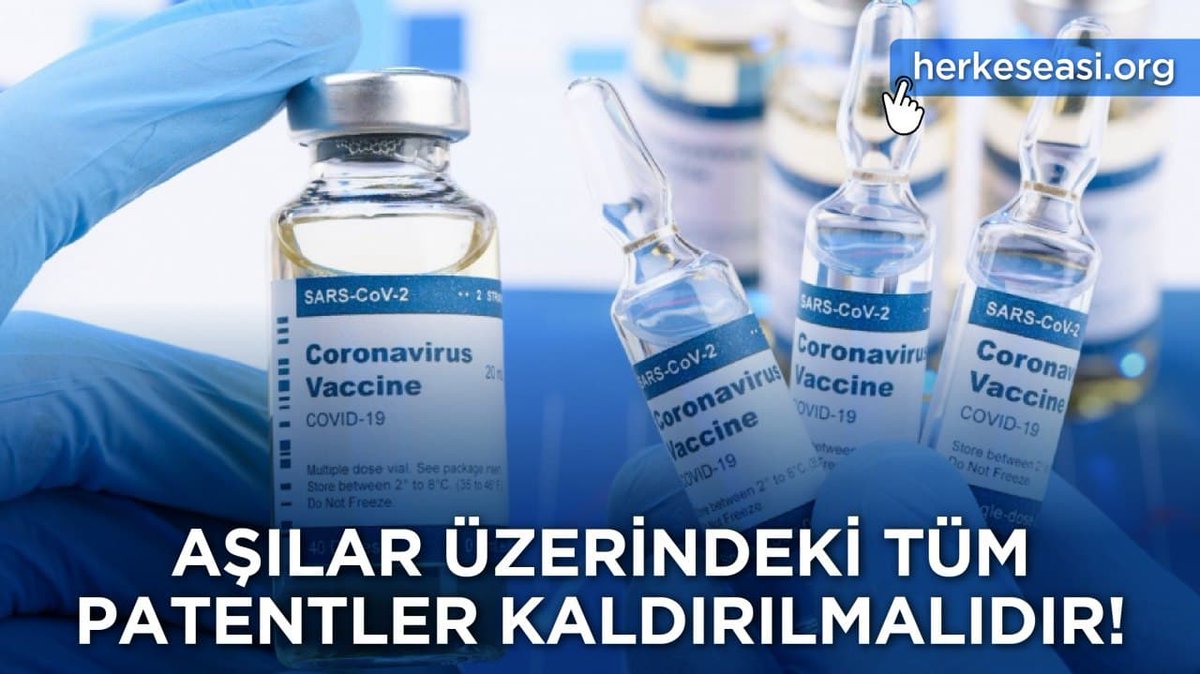 İlaç tekellerinin kâr hırsı göz göre göre milyonlarca insanın ölümüne neden oluyor. İnsanlık için aşı ücretsiz olarak üretilmeli ve yaygın ve eşit bir şekilde uygulanmalıdır. #AşıdaPatenteHayır 
Sen de imzala! 
herkeseasi.org