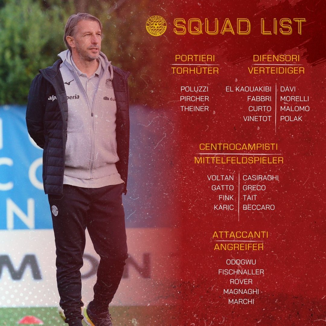 fclubsuedtirol's tweet photo. 📑CONVOCATI
Mister #Vecchi ha convocato 24 giocatori per la sfida di stasera alle 20.30 contro il @cesenacalcio
#FCS #FCSüdtirol #FCSNews #PassioneBiancorossa #Whitereds #SerieC #passion #SUDCES #FCSüdtirolCesena #LegaPro #25aprile https://t.co/TR3hPFfMMq