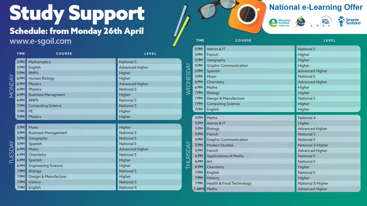 eSgoil's tweet image. Our next series of live Senior Phase Study Support webinars commence this week. There’s still time to book up for these. More details and a link to the booking form can be found here:

e-sgoil.com/studysupport20…