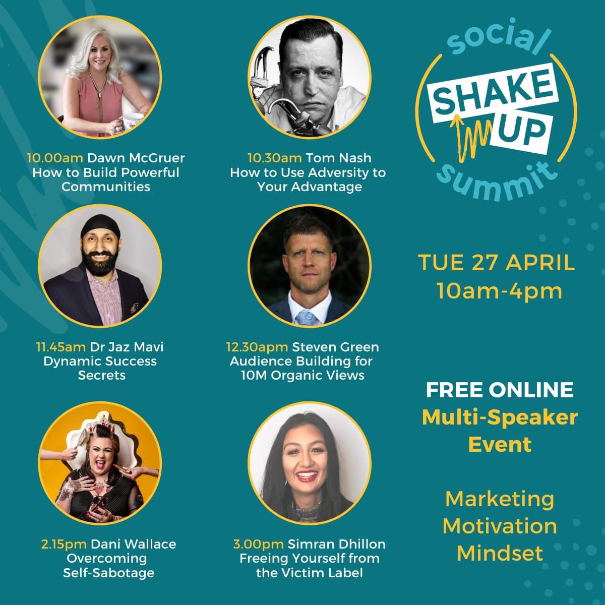 Have you registered for this AMAZING Free Online Event? 6 x Speakers covering 💛 Marketing, Motivation &amp; Mindset 💜 It's FREE to attend and it 's on Tuesday 27th April 10am-4pm

REGISTER NOW: dawnmcgruer.com/social-shakeup…

#marketing #success #motivation #mindset #entrepreneur #social