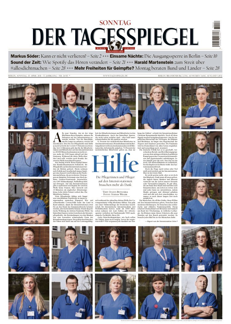 titelseiten's tweet image. Pfleger:innen brauchen keinen Applaus und Dank, sie brauchen Hilfe. Der @Tagesspiegel von heute: