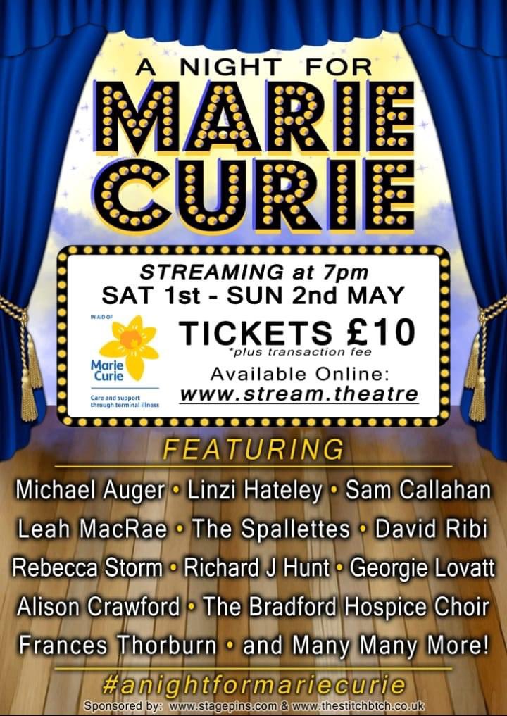 We are in a show! With our latest song! And it’s online! 

We are completely honoured to have been asked to participate in this charity concert for Marie Curie.

It’s only £10 plus booking fee and I can guarantee you’ll get your money’s worth!

book here! stream.theatre/season/99