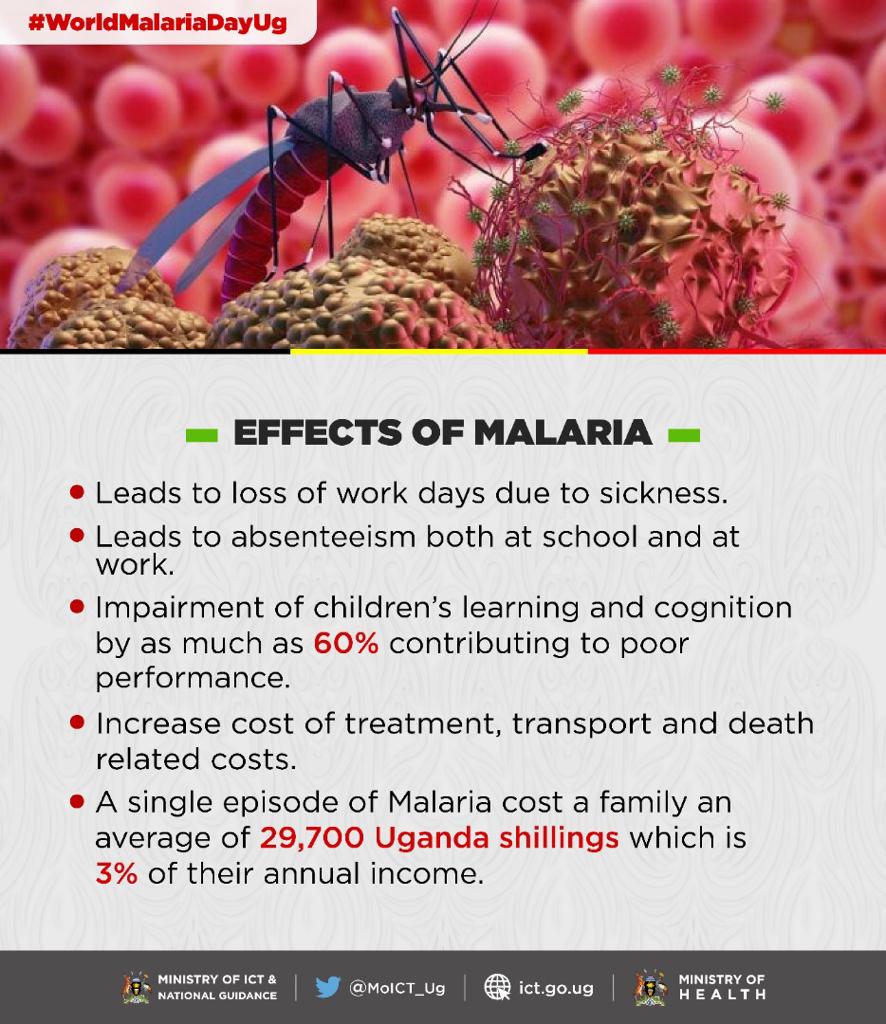 #WorldMalariaDayUg Effects of Malaria are quite vast ;
♦️Leads to loss of work days due to sickness 
♦️Leads to absenteeism both at school &at work
♦️impairment of children's learning & cognition by as much as 60% contributing to poor performance 

@Tybisa @gkatwine