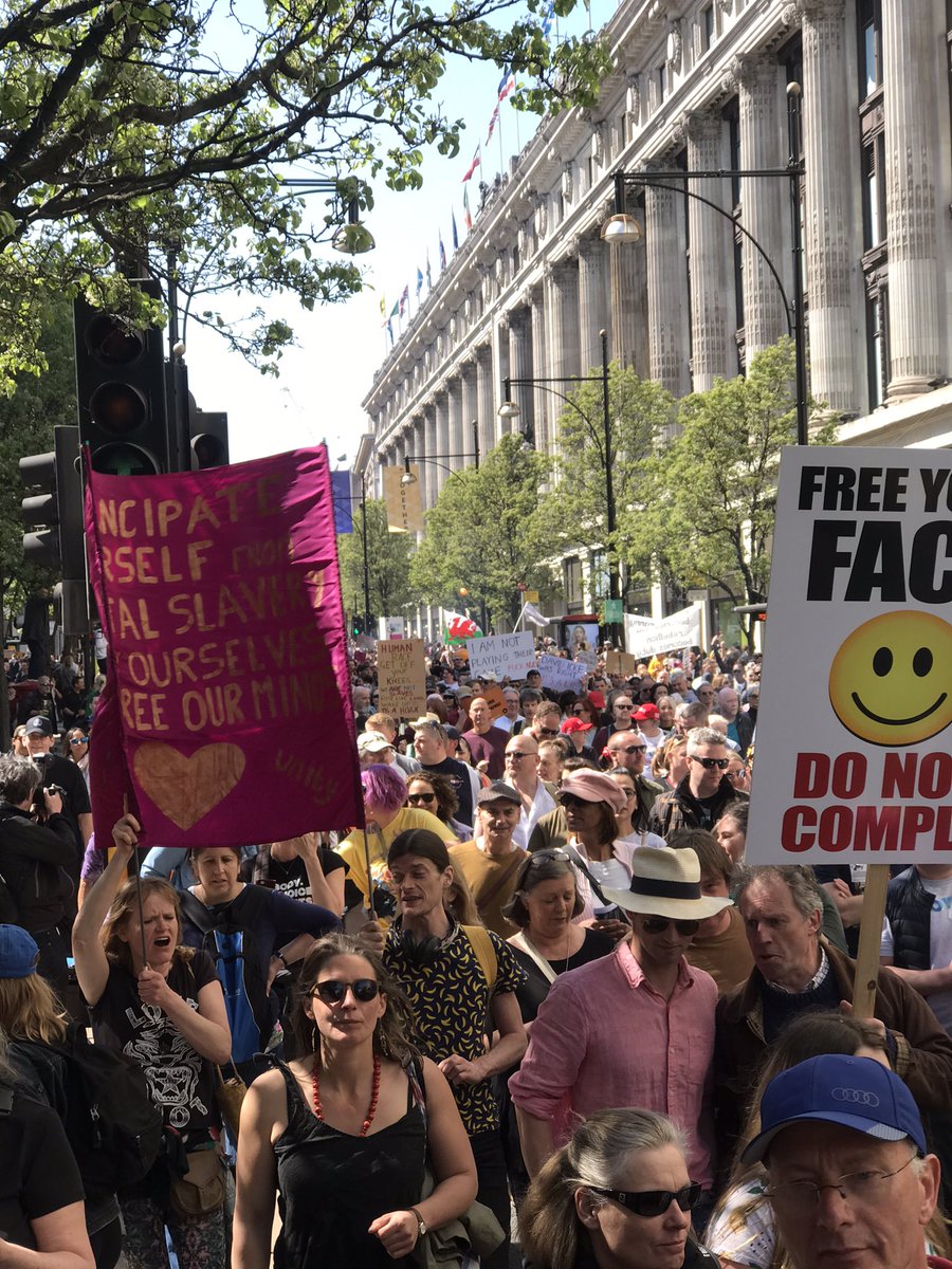 The gigantic march through the whole of central London yesterday took inHyde Park Corner, Marble Arch, Ox St, Holborn, City,down to Embankment, Parliament Sq & back to HPk. Still ppl in Ox St when it finished. Nine miles of people. Many hundreds of thousands.