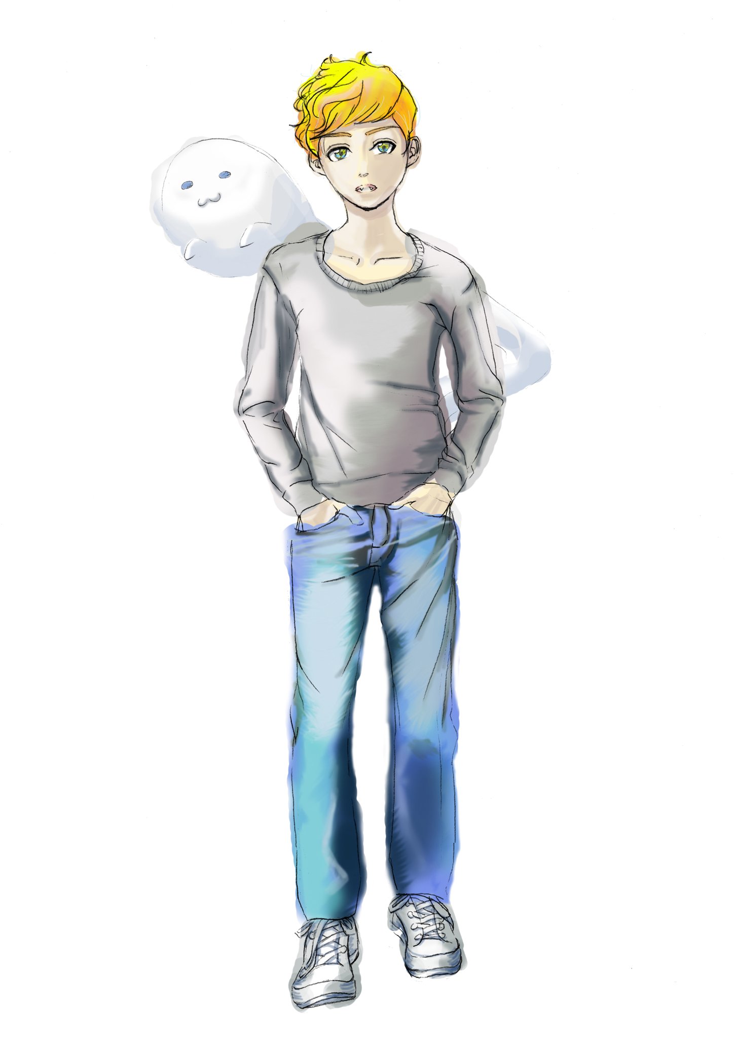 Twitter 上的 みや イラストレーター デザイナー そういえばこの立ち絵まだ上げてなかったな 後ろのジーパンのポケットからオバケが出ているキャラクターです イラスト イラスト好きな人と繋がりたい 男の子イラスト オリジナルキャラクター オリジナル