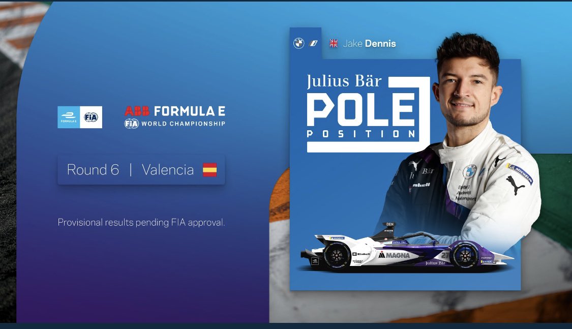 🏁🏎🔥🚀

Congrats to <a href="/JakeDennis19/">Jake Dennis</a> 

and <a href="/BMWMotorsport/">BMW M Motorsport</a> for P1

Congrats to <a href="/AndreLotterer/">André Lotterer®︎</a> and <a href="/PorscheFormulaE/">Porsche Formula E Team</a> for P2

Keep fingers crossed 🤞🏼 for the race today 

<a href="/FIAFormulaE/">Formula E</a> <a href="/ransport/">ran</a> 

#FormulaE 
#ABBFormulaE
#ValenciaEPrix 
#DHLValenciaEPrix 
#FormelE 
#ranformelE