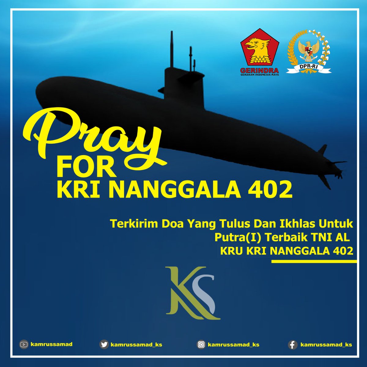 #prayforkrinanggala402

Terkirim Doa yang tulus dan ikhlas untuk Putra (I) terbaik TNI AL KRU KRI  Nanggala 402.

Semoga para keluarga dan saudara yang sedang berduka diber ketabahan dan kekuatan. Amiin..

#kapalselamnanggala402
#doauntuknanggala402