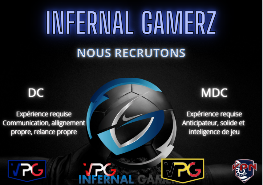 A long terme ou en dépannage nous sommes à la recherche des postes suivants. 

Apporter de l'intérêt à un travail d'équipe est parfois ce qui manque à certains pour prétendre être collectif 

Infernal Gamerz prime sur le collectif, 
Et trouver ce dont nous cherchons..

LE PLAISIR