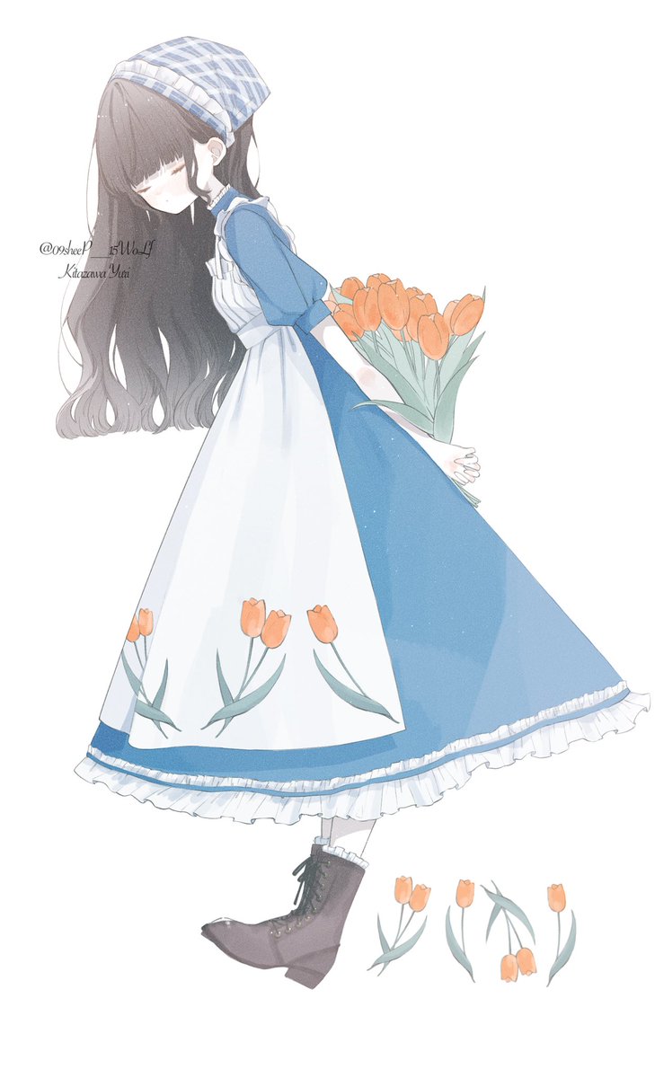 1girl dress flower solo apron closed eyes long hair  illustration images