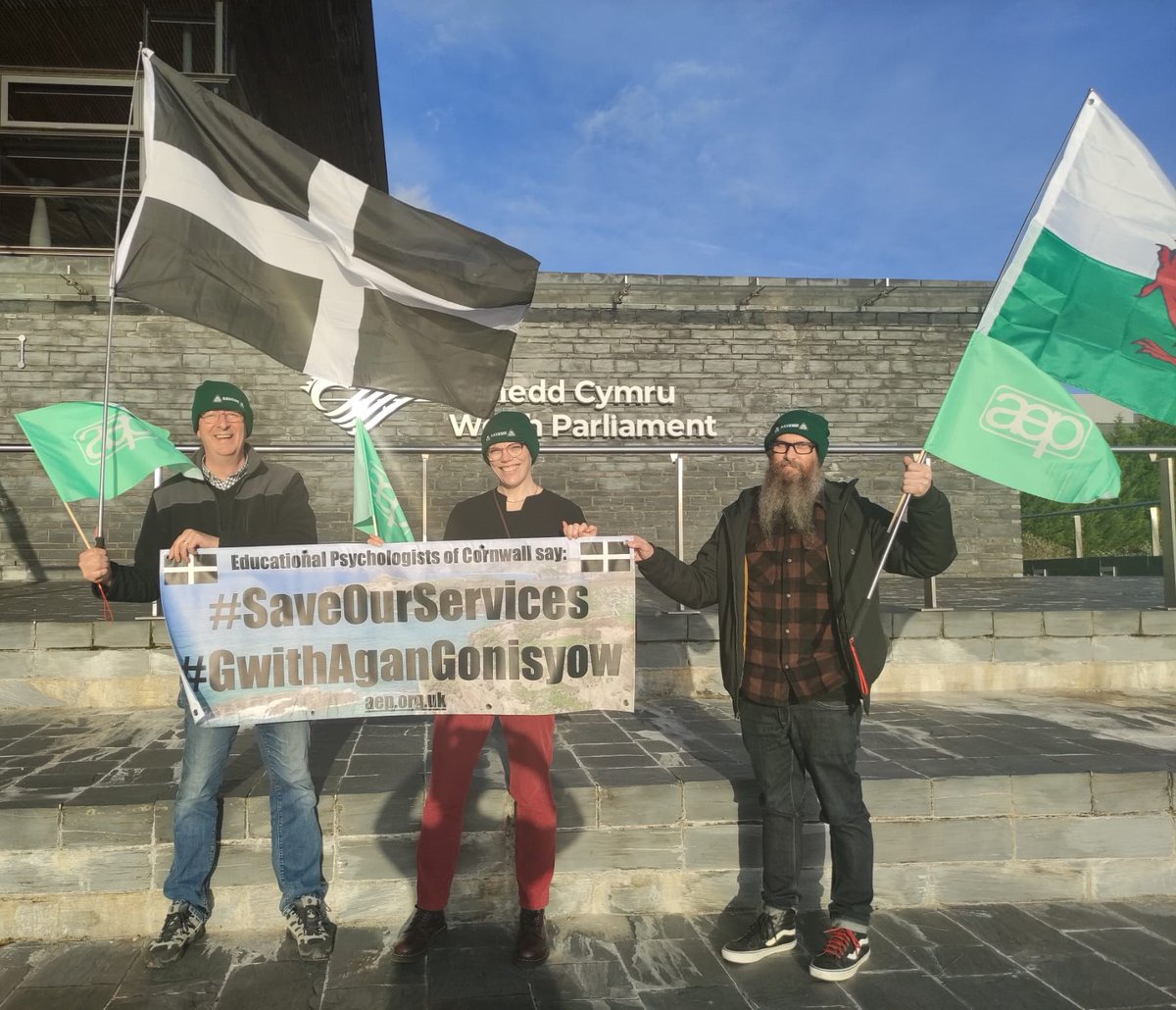#SaveOurServices Cornwall educational psychologists Joe Brook and Dr Will Cross with General Secretary of the Association of Educational Psychologists, Dr Cath Lowther at the Association of Educational Psychologists Rally in Cardiff.
