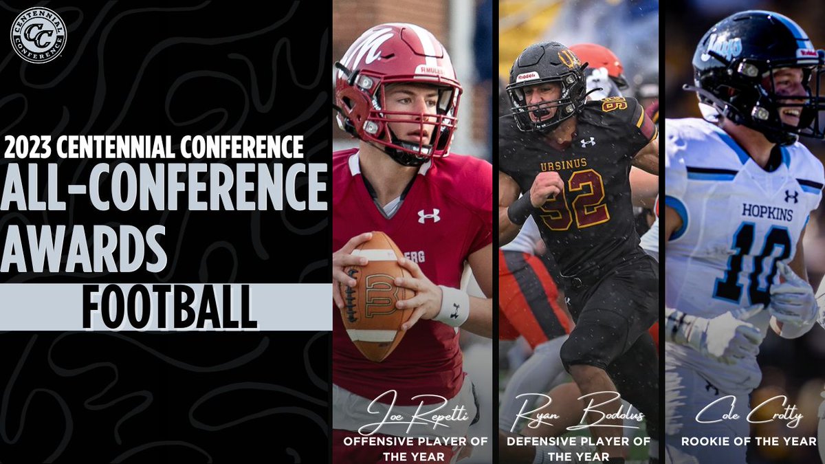 CentennialConf's tweet photo. FB | ALL-CENTENNIAL TEAM

OFFENSIVE POTY: @DigInMules Joe Repetti 
DEFENSIVE POTY: @UrsinusFootball Ryan Bodolus
ROOKIE OTY: @JHU_Football Cole Crotty
COACHING STAFF OTY: @JHU_Football 

📰 https://t.co/yfSx3m9L8r

#CentConf #CCfb #d3fb #IgnitingGreatness https://t.co/QSayNbVr6K