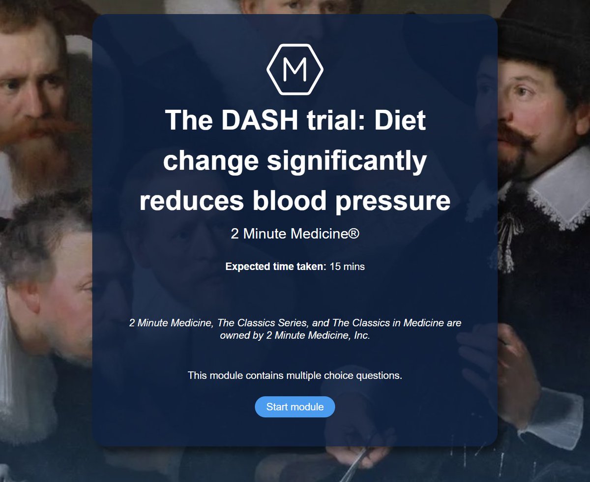 medshronline's tweet image. .@2minmed present The DASH trial as part of The Classics in Medicine Volume 1, now on MedShr Learning. Learn from an insightful module that presents how changing diet can significantly effect a patient's blood pressure. Sign up today: hubs.la/Q028-9st0

#MedEd #2minmed