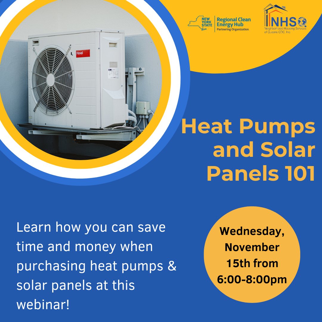 Interested in solar panels or heat pumps but don’t know where to start? 

Join NHS of Queens Today at 6pm for an informational webinar about the various programs and incentives available for Queens homeowners. 

Register here: shorturl.at/eluEM.