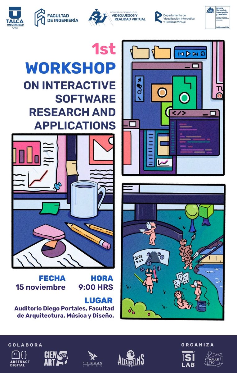 Con más de 70 personas estamos en el primer Workshop de aplicaciones e investigación de software interactivo del departamento asociado a la Escuela de Videojuegos de la <a href="/UTalca/">Universidad de Talca</a>. Estoy aquí tanto como investigador de la <a href="/idvrv/">Videojuegos UTalca</a> y profesional de la industria de <a href="/AbstractDw/">Abstract Digital</a>.