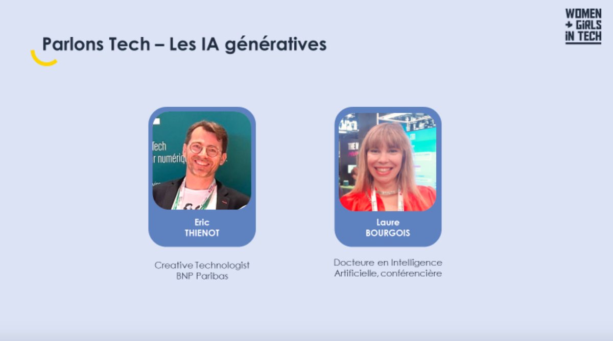 EnjoyDigitAll's tweet image. (#WoGiTech) Découvrez le live-tweet sur l'IA Générative de notre 1er évènement #ParlonsTech avec ⬇️

🤖 @tewoz @BNPParibas, le défricheur #tech qui concocte ce nouveau format
🤖 @LaureBourgois, Docteure en #IA, femme engagée

(🔴 RDV en LIVE 👉 buff.ly/40CP934)