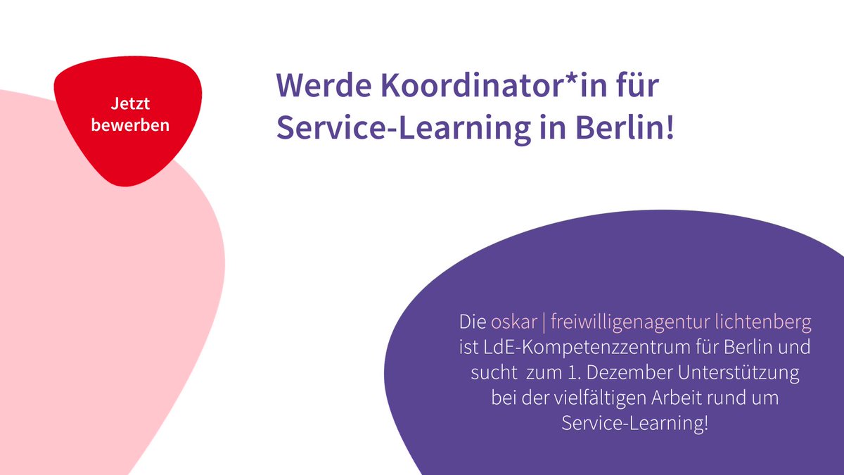 Stiftung Lernen durch Engagement (@stiftunglde) on Twitter photo Du hast Freude an der Beratung von Schulen, an der Zusammenarbeit mit Jugendlichen und daran, Dich für Chancen und Teilhabe junger Menschen einzusetzen? Bewirb Dich bei <a href="/OskarFreiwilli1/">Oskar Freiwilligenagentur</a> - als Koordinator*in für Service-Learning! 📷 kurzelinks.de/71bu #LdE #Jobs #Berlin Du hast Freude an der Beratung von Schulen, an der Zusammenarbeit mit Jugendlichen und daran, Dich für Chancen und Teilhabe junger Menschen einzusetzen? Bewirb Dich bei <a href="/OskarFreiwilli1/">Oskar Freiwilligenagentur</a> - als Koordinator*in für Service-Learning! 📷 kurzelinks.de/71bu #LdE #Jobs #Berlin