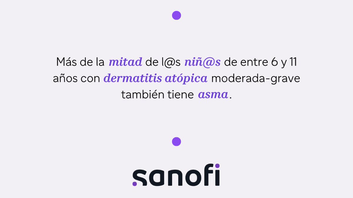 SanofiES's tweet photo. 👧La #DermatitisAtópica es uno de los trastornos cutáneos más comunes en la infancia.
¿Pero #SabíasQue un 86% de l@s niñ@s con #DA también tiene otra enfermedad como #asma, #poliposisnasal o #esofagitis?
👉Es debido a la #InflamaciónT2.
#SanofiEsInflamaciónT2 #DescubriendoLaT2 https://t.co/SmWffwbONG