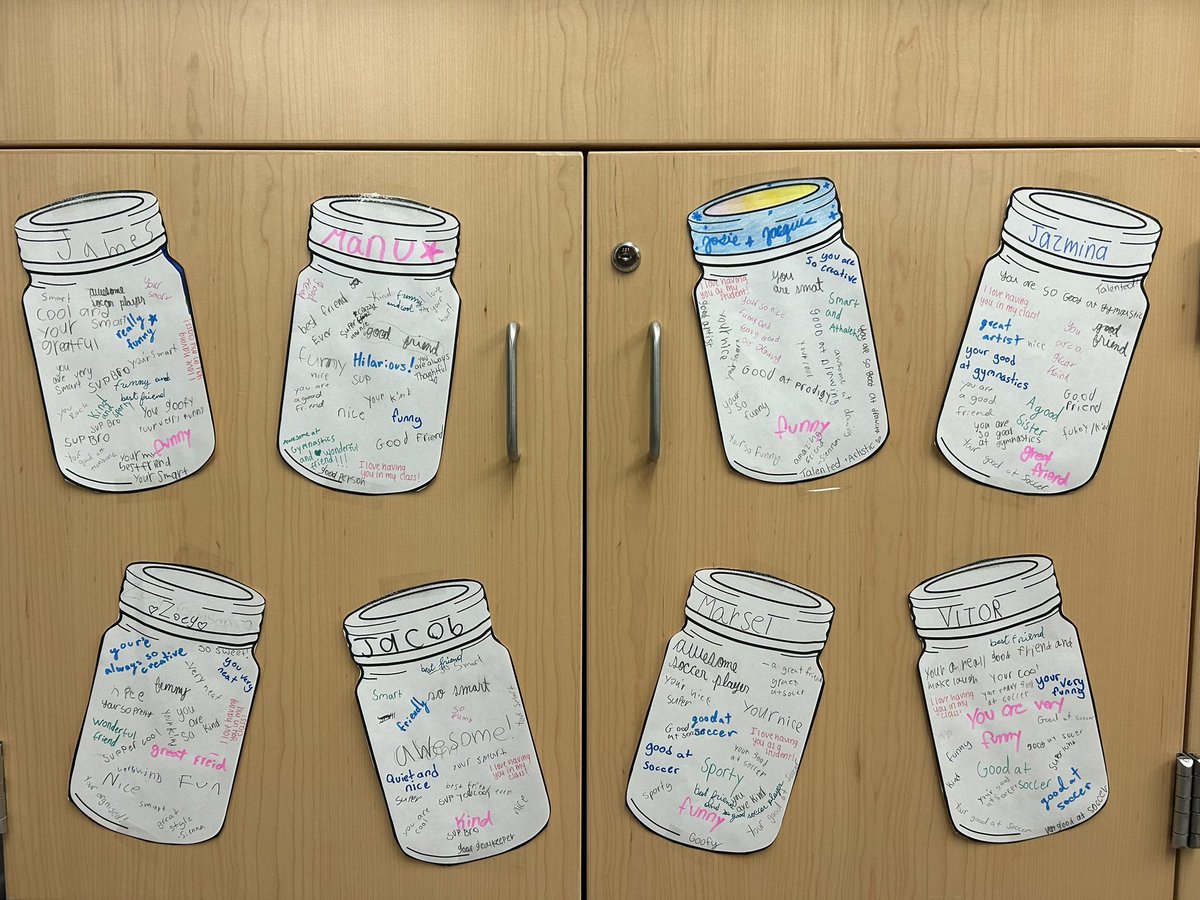MissWolfrum's tweet photo. November’s SEL theme is gratitude! For our morning meeting activity, we read Memory Jars and filled everyone’s jar with what we are grateful for about that friend!🧡 https://t.co/0fEMygOV2T
