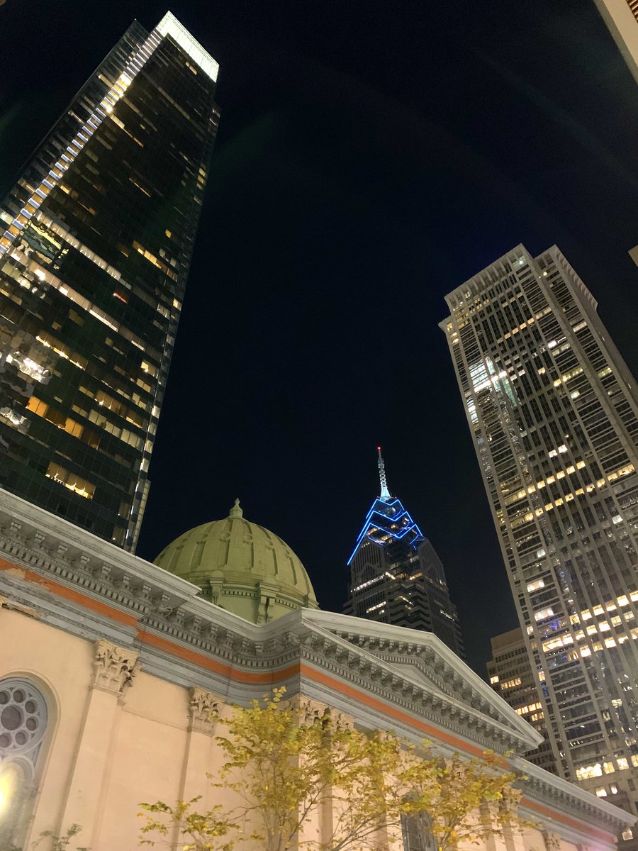 Love the variety of architectural styles in the Philadelphia skyline. L to R: Comcast Center, Arch Street Presbyterian Church, One Liberty Place, Mellon Center. From 18th and Arch St.