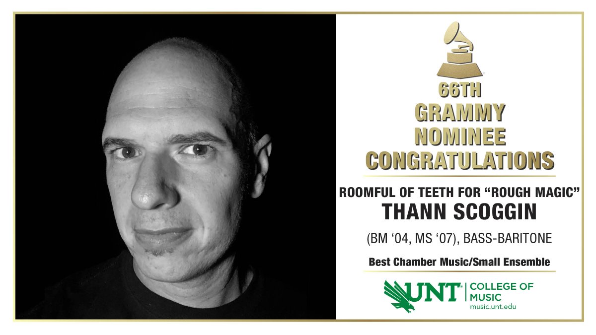 ALUMNI SINGER GRAMMY NOMINEE: Roomful of Teeth bass-baritone Thann Scoggin (BM ’04, MS ’07) has been nominated in the category of Best Chamber Music/Small Ensemble Performance as an ensemble member for the album “Rough Magic.” @JohnWRichmond2 @UNTNews @UNTSocial