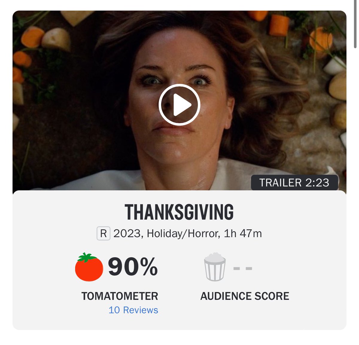 HollywoodHandle's tweet photo. Eli Roth’s ‘THANKSGIVING’ debuts with a 90% score on Rotten Tomatoes 🍅 https://t.co/E8YiXODYBS