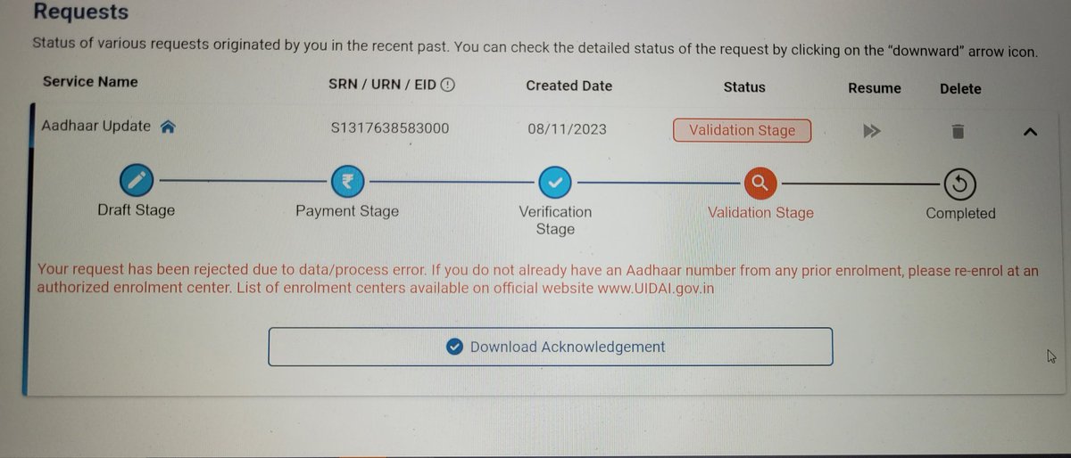 shubhamk0's tweet photo. @Aadhaar_Care pls let me know what is the reason for rejection.
I had submitted electricity bill not older than 3 months.
Data/ process error doesn't explain anything. https://t.co/K8tE6VaqmF