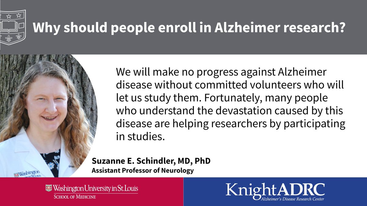 WashUMedADRC's tweet photo. Researcher Spotlight: Suzanne Schindler, MD, PhD  (@SuzanneESchind1) of the Fluid Biomarker Core: https://t.co/G4J9xabk23

Why should people enroll in #Alzheimer research? https://t.co/ReJof0unyW