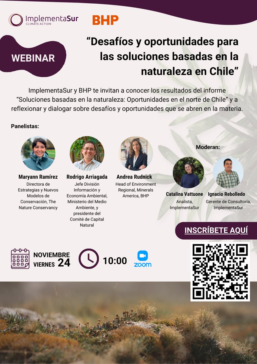 Todas y todos invitados a nuestro #webinar “Desafíos y oportunidades para las soluciones basadas en la naturaleza en Chile”, el próximo viernes 24 de octubre a las 10:00 a.m., a través de la plataforma Zoom. Pueden inscribirse con el código QR o aquí: bit.ly/3MLunbQ