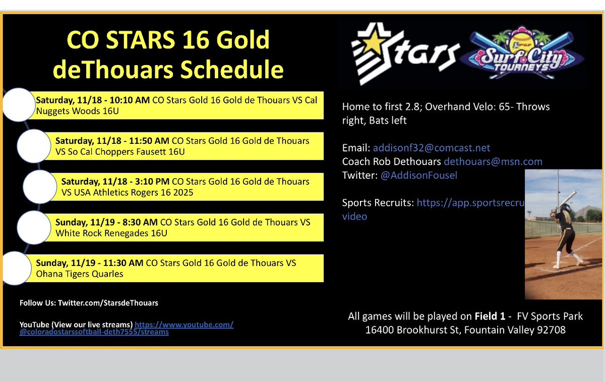 Addison Fousel (@addisonfousel) on Twitter photo Looking forward to getting back on field at PGF Surf City Showcase this weekend with <a href="/StarsdeThouars/">Co Stars - deThouars</a>.
<a href="/GCU_Softball/">GCU Softball</a> <a href="/AppStateSB/">App State Softball</a> <a href="/IdahoStateSB/">Idaho State Softball</a> <a href="/CSUSoftball/">Colorado State Softball</a> <a href="/slis23/">Shelly Hoerner</a> <a href="/Coach_Fisher/">Jen Fisher</a> <a href="/UNC_BearsSB/">UNC Bears Softball</a>
<a href="/Utah_Softball/">Utah Softball</a> <a href="/BroncoSportsSB/">Boise State Softball</a> <a href="/MinesSoftball/">Mines Softball</a> <a href="/iowasoftball/">Iowa Softball</a> <a href="/ArizonaSoftball/">Arizona Softball</a> Looking forward to getting back on field at PGF Surf City Showcase this weekend with <a href="/StarsdeThouars/">Co Stars - deThouars</a>.
<a href="/GCU_Softball/">GCU Softball</a> <a href="/AppStateSB/">App State Softball</a> <a href="/IdahoStateSB/">Idaho State Softball</a> <a href="/CSUSoftball/">Colorado State Softball</a> <a href="/slis23/">Shelly Hoerner</a> <a href="/Coach_Fisher/">Jen Fisher</a> <a href="/UNC_BearsSB/">UNC Bears Softball</a>
<a href="/Utah_Softball/">Utah Softball</a> <a href="/BroncoSportsSB/">Boise State Softball</a> <a href="/MinesSoftball/">Mines Softball</a> <a href="/iowasoftball/">Iowa Softball</a> <a href="/ArizonaSoftball/">Arizona Softball</a>
