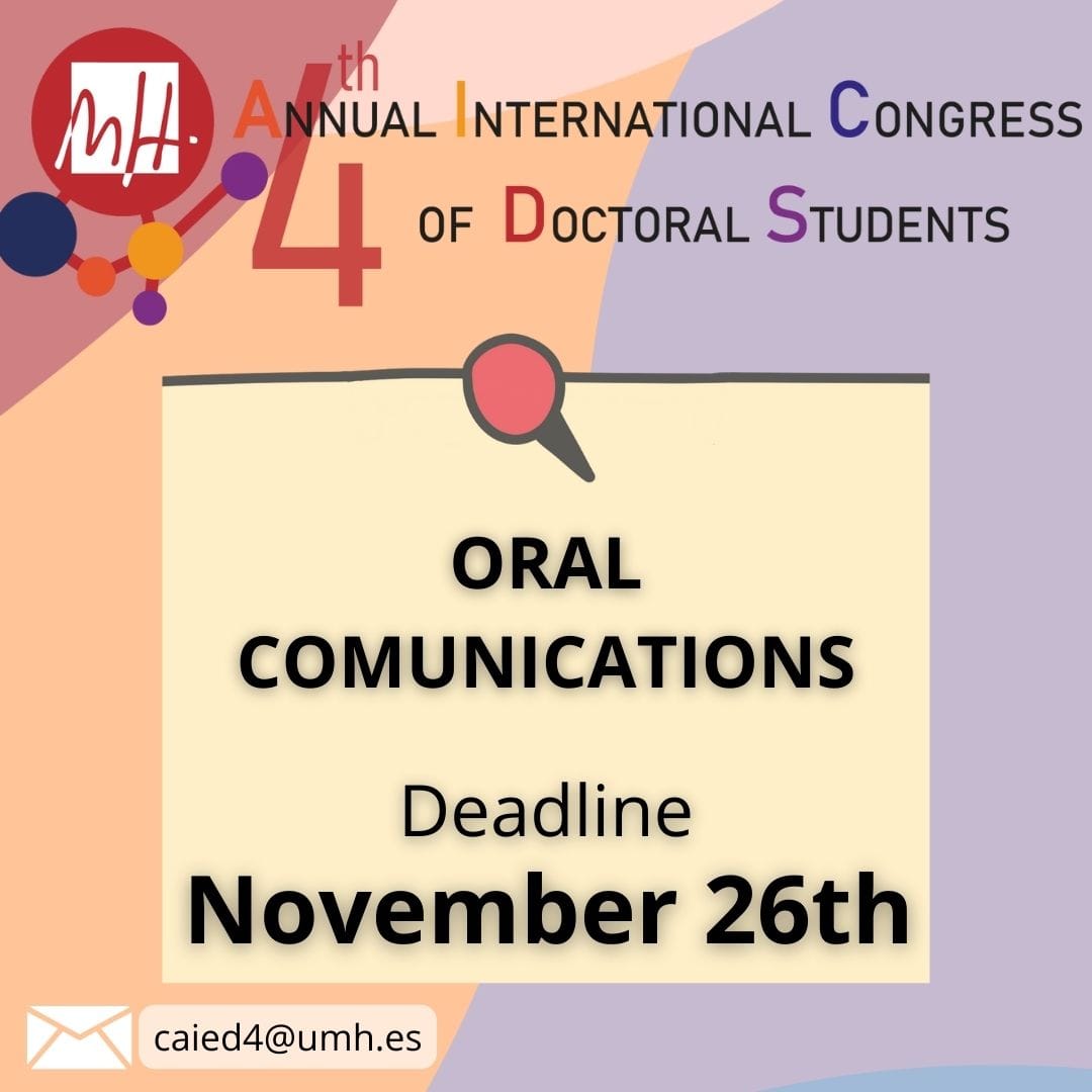 CAIED_UMH's tweet photo. 📢REMINDER DEADLINE ORAL COMMUNICATIONS📢
Even when? 🗓️ November 26, deadline for oral communications.
How to send them? 📝Through the registration form.
🛜More info: https://t.co/T5ocvFVlPI
⁉️Do not hesitate to ask us any questions. https://t.co/MuK5QcaeCd