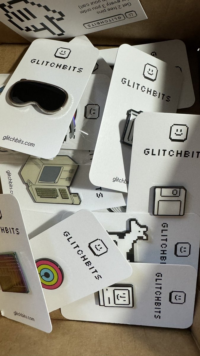Postie delivered a box of @glitchbits_ pins today. Nice to have a set of wearable original Mac icons, including Claris. Moof!