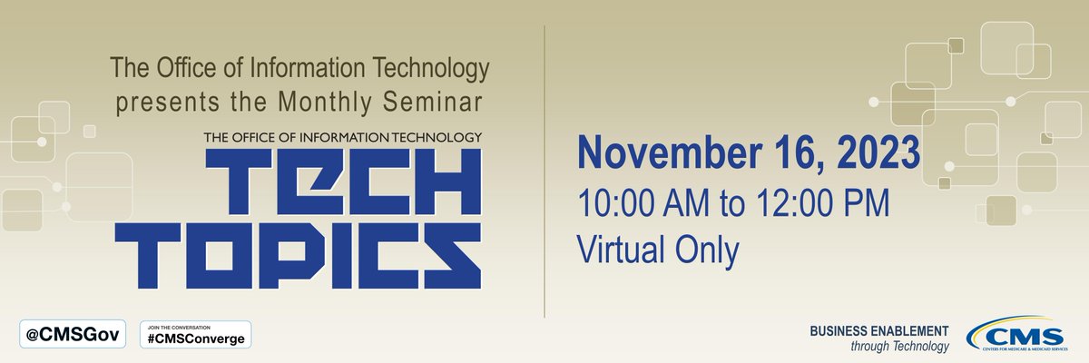 CMSGov's tweet image. There&apos;s still time… Join us for the November 16 #TechTopic session at CMS.  Please click the link to join the webinar. #CMSConverge 

go.cms.gov/3Qpqp9O 
Dial:  833 568 8864 US Toll Free
Passcode: 667255
Webinar ID: 161 940 9354