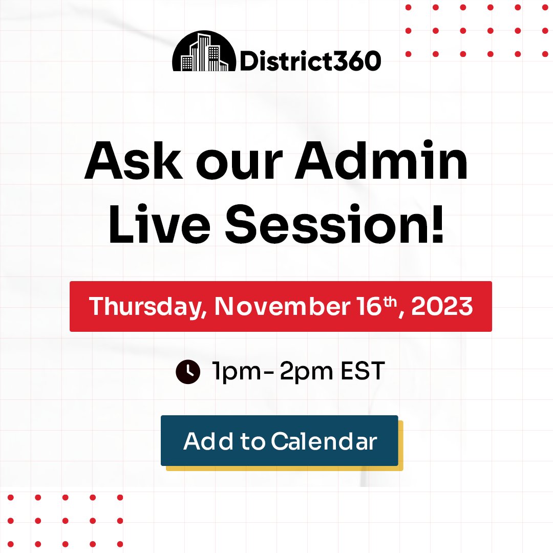Drop in live on Google Meet to “District360 Live - Ask an Admin” on the 3rd Thursday every month from 1 - 2 pm EST with all of your questions.  

Add to your calendar - evt.to/aisogdidw

#askouradmin #district360 #salesforce #digitaltransformation #Downtown