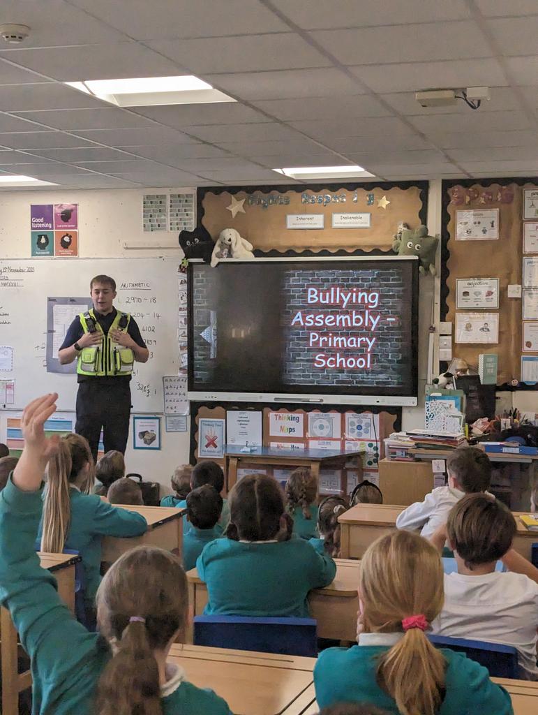 A huge thanks to PCSO Ellis and PCSO Mandy @ForestPolice for coming into school to speak to our Year 5 and 6 children about bullying - what it is, the different ways in which it can take place and how we can resolve issues should they arise  #AntiBullyingWeek #makeanoise
