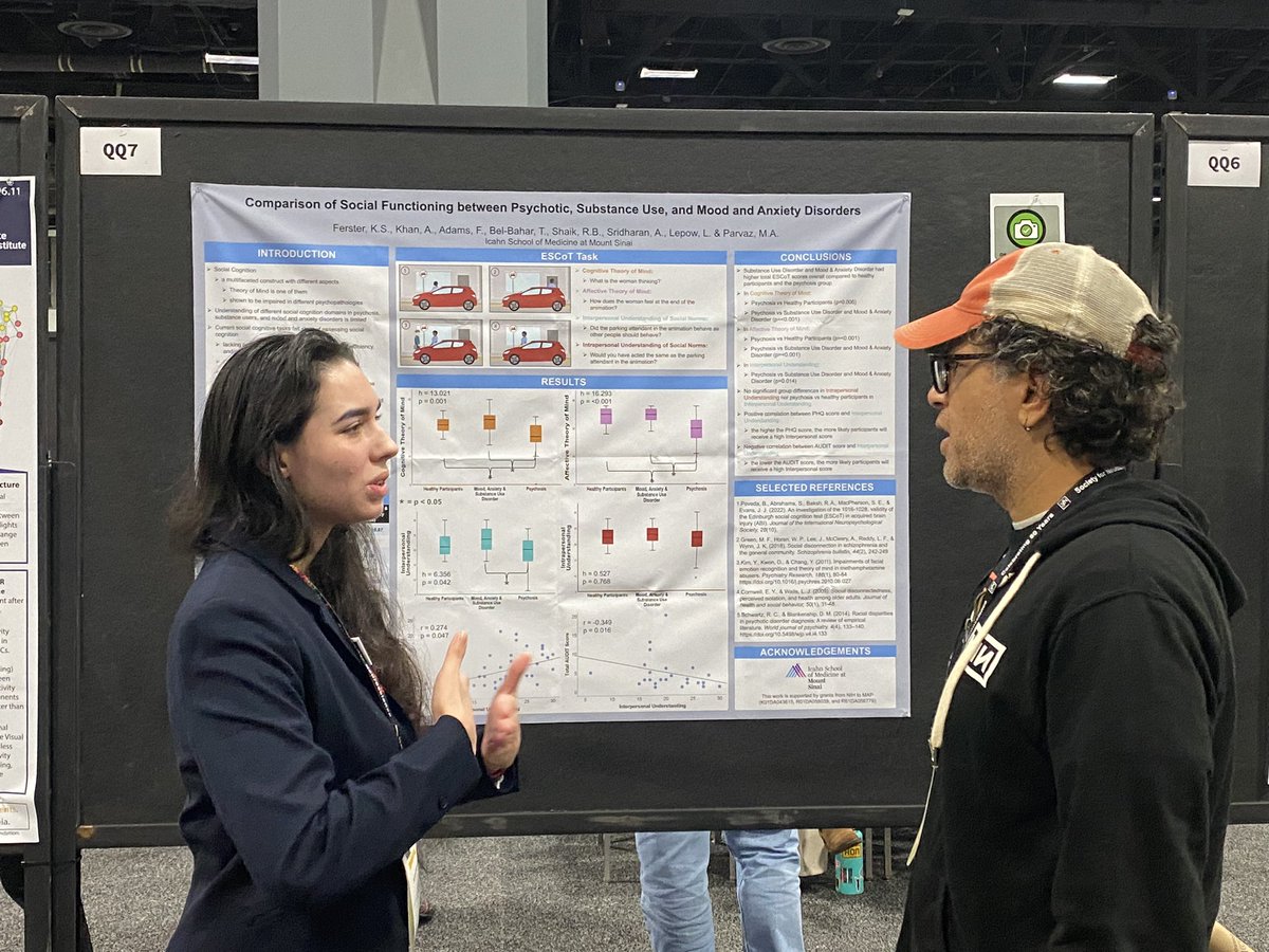 Interested in comparing #socialcognition in #psychosis, #substanceuse, #mood, and #anxiety disorders? Come to poster QQ7 (11/15, 8-12pm) at #sfn23 where Karmiella Ferster from #parvazlab is dropping some insights from her recent work. #proudPI