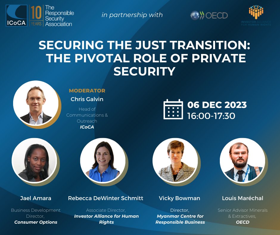 icoca_psc's tweet photo. Join ICoCA's Responsible Security Forum on 6 Dec, 16:00-17:30 at FER Genève (Geneva, Switzerland) for a panel on "Securing the Just Transition: The Pivotal Role of Private Security." In partnership with @OECD and @InvestForRights. #RSF23

Info &amp; Register: https://t.co/htJ2SoiYxS https://t.co/mvvTGdAND7