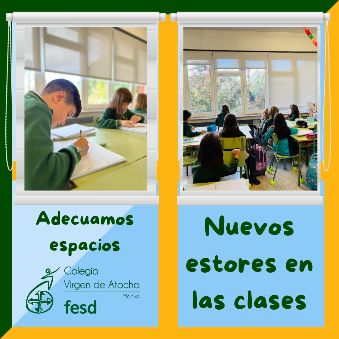 VirgendeAtocha's tweet photo. Las clases de Primaria han estrenado nuevos estores para mejorar la regulación de la luz dentro de las aulas. Queremos agradecer la aportación del @AmpaCVA que ha permitido esta adecuación y mejora de los espacios del colegio. #cvatochasemueve #somosfesd #somosfamilia https://t.co/DCL1xJApS1
