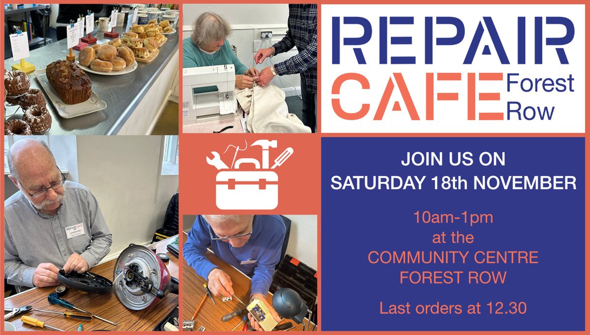 THIS SATURDAY!
Not only is it Forest Row Repair Café's sixth birthday, but it's also the last repair cafe this year! 
Our volunteer team includes repairers for:
Clocks and clockwork items, Clothes, Computers, Ceramic items, Electronics, Electrics, Bikes, Sharpening, general items