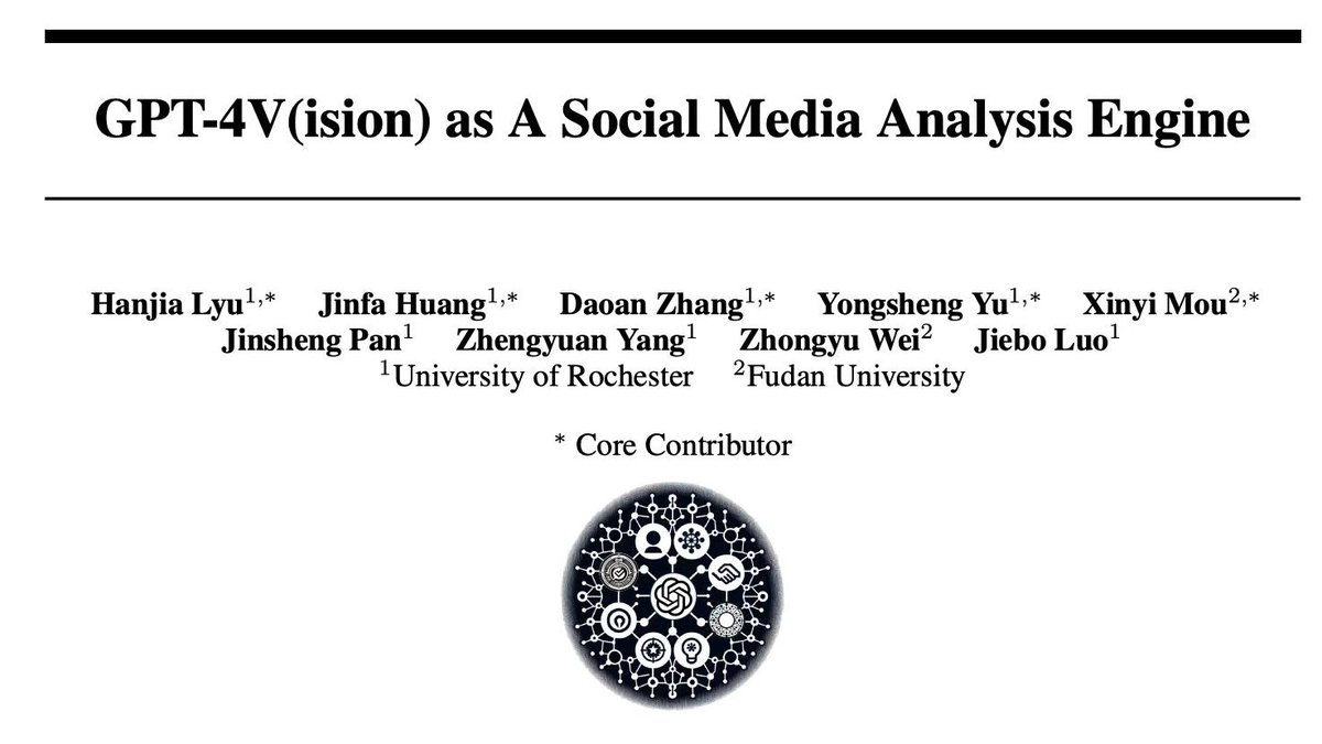 Bruce_Lyu17's tweet photo. 🔥Excited to share our latest exploration on GPT-4V(ision) for social multimedia analysis tasks including sentiment analysis, hate speech detection, fake news identification, demographic inference, and ideology detection~
Read more: https://t.co/ptBH4vdOyC https://t.co/AiT7moNcMT
