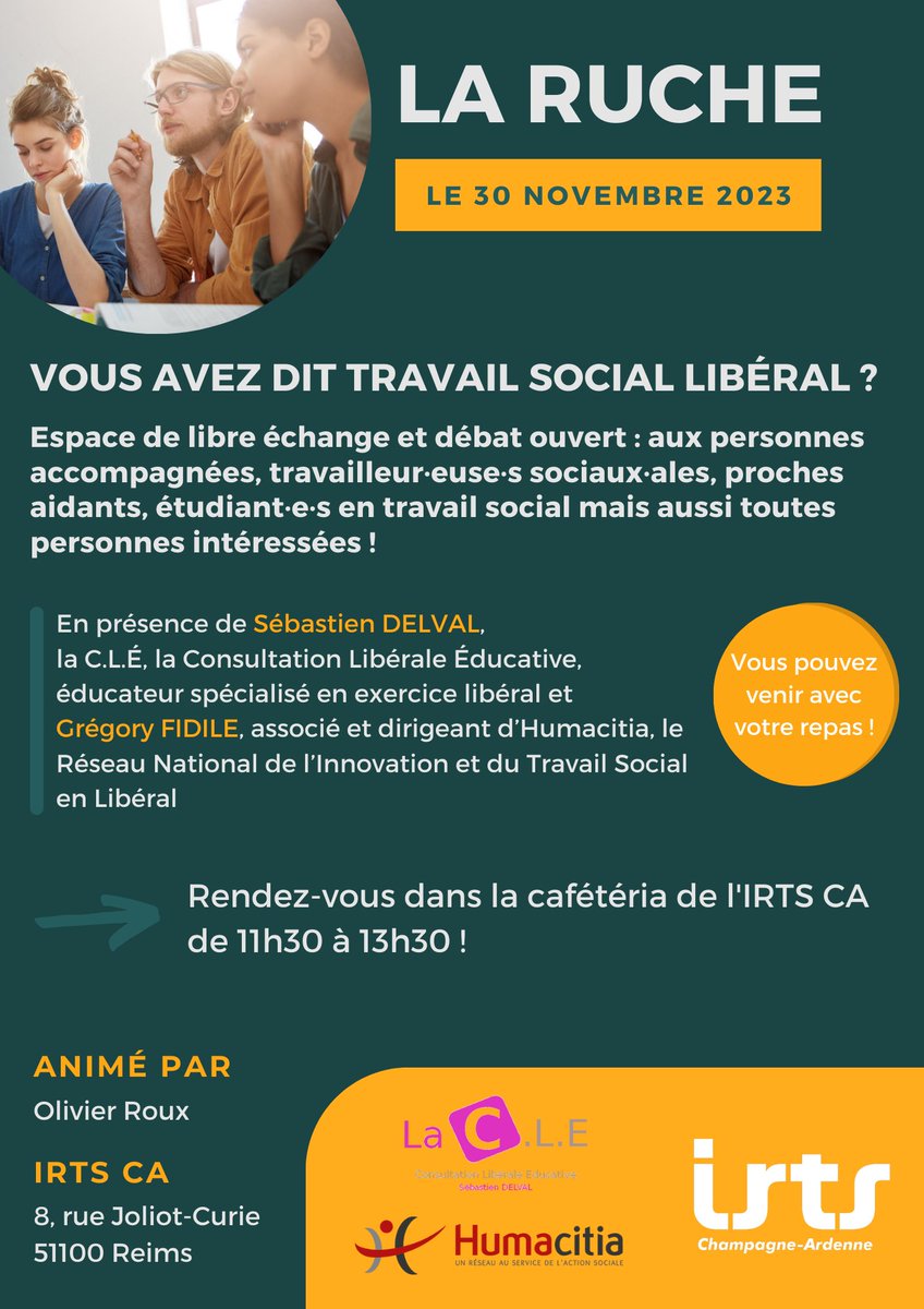 Qu’en est-il de la place du travail social dit libéral aujourd’hui ? 

LA RUCHE « espace de libre échange et de débat » : le jeudi 30 novembre 2023, de 11h30 à 13h30, dans la cafétéria de l'IRTS CA !

Toutes les informations : irtsca.fr/la-ruche-30-no…