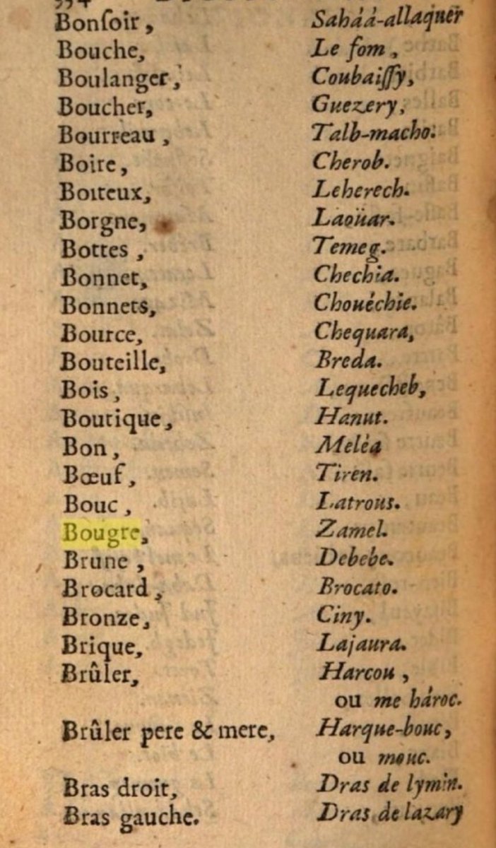 MoorishMovement's tweet photo. 📖 Dictionnaire Français-Darija 🇲🇦 rédigé en 1683 par l'écrivain Germain Moüette après sa capture par des corsaires de Salé. 

Force est de constater qu'en 350 ans la darija n'a subi que très peu de changements. https://t.co/s8NLFyuFXJ
