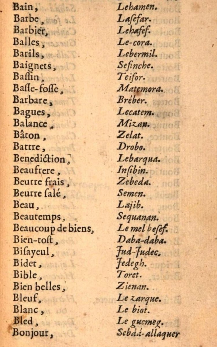 MoorishMovement's tweet photo. 📖 Dictionnaire Français-Darija 🇲🇦 rédigé en 1683 par l'écrivain Germain Moüette après sa capture par des corsaires de Salé. 

Force est de constater qu'en 350 ans la darija n'a subi que très peu de changements. https://t.co/s8NLFyuFXJ
