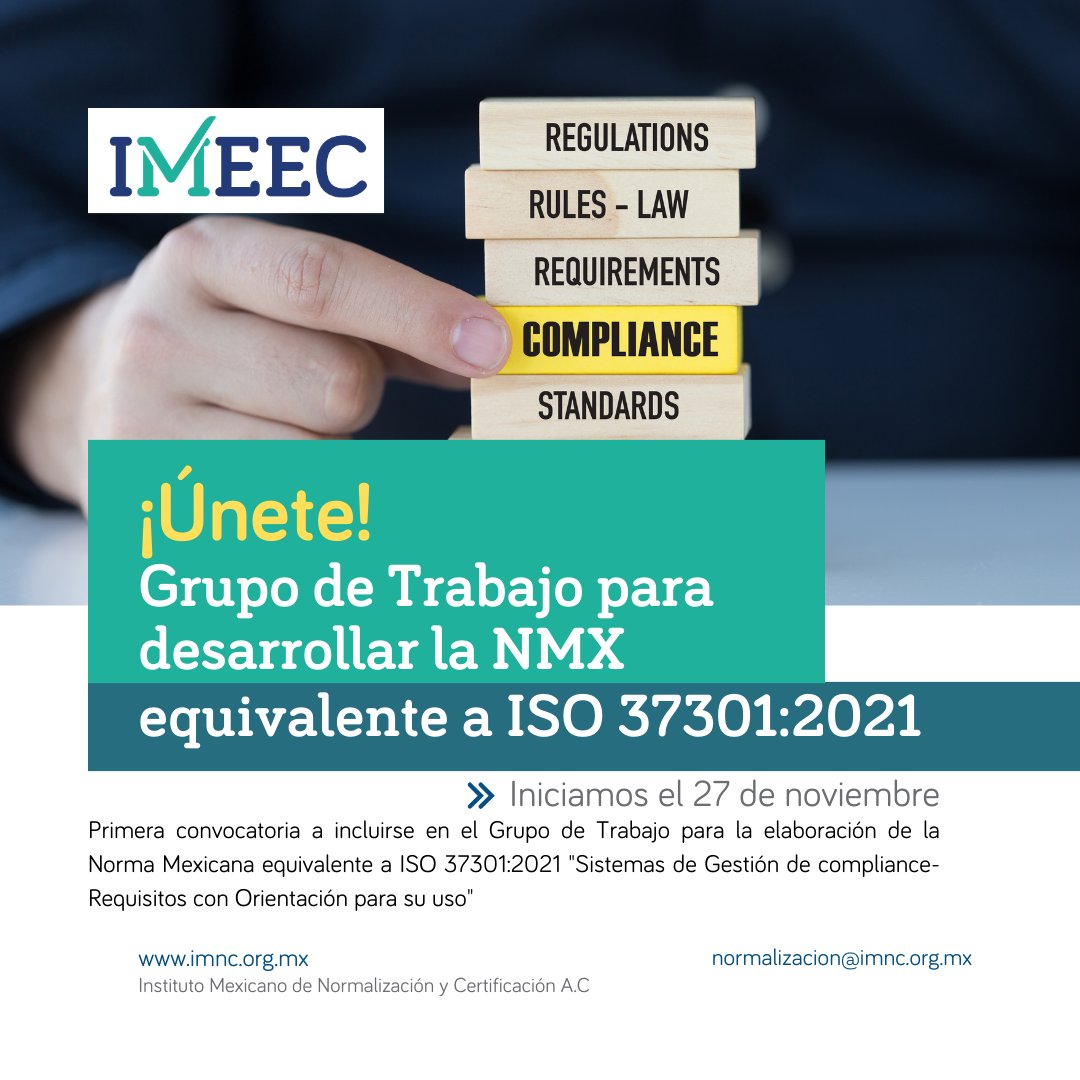 IMEEC (@imnc_mx) on Twitter photo Primera convocatoria al grupo de trabajo para desarrollar la NMX equivalente a ISO 37301:2021 "Sistemas de Gestión de compliance- Requisitos con Orientación para su uso".
Iniciamos trabajos el 27 de noviembre.
Deseas más información. Escríbemos a normalizacion@imnc.org.mx
#IMEEC Primera convocatoria al grupo de trabajo para desarrollar la NMX equivalente a ISO 37301:2021 "Sistemas de Gestión de compliance- Requisitos con Orientación para su uso".
Iniciamos trabajos el 27 de noviembre.
Deseas más información. Escríbemos a normalizacion@imnc.org.mx
#IMEEC