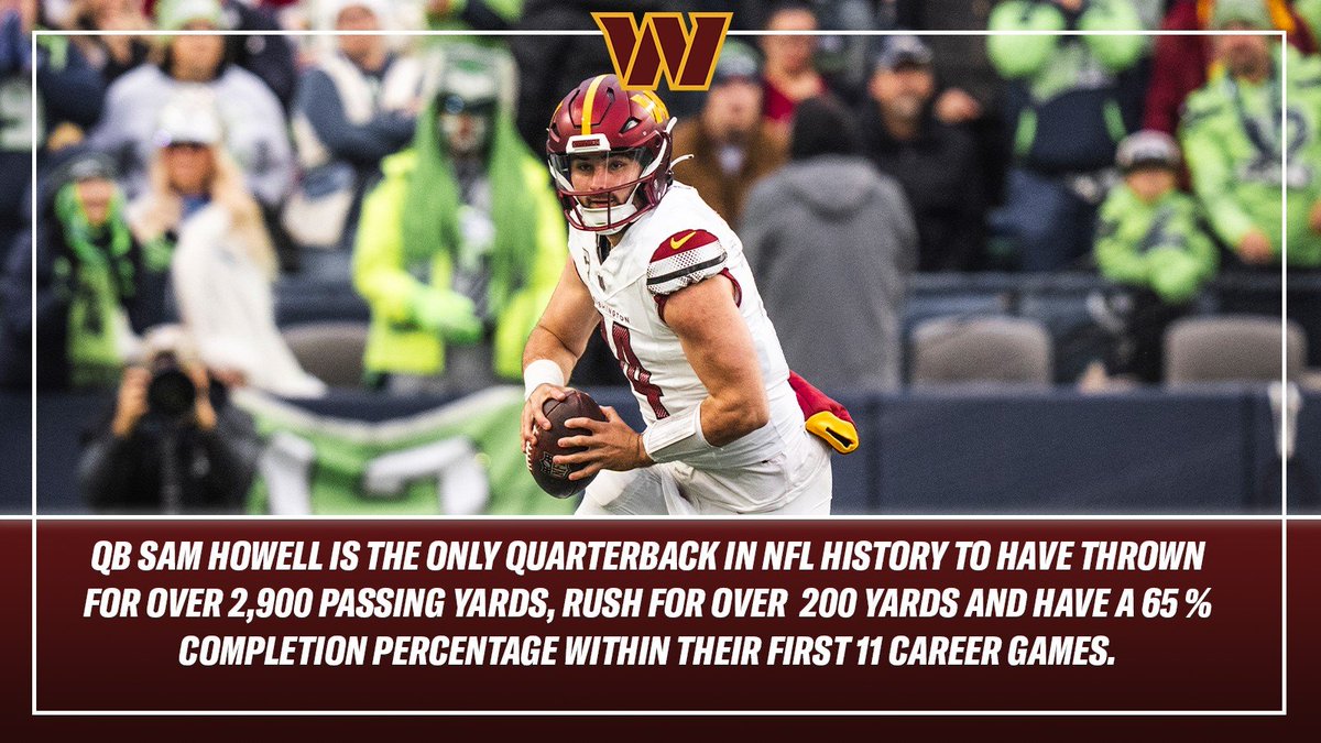 NFL_DovKleiman's tweet photo. #Commanders Sam Howell is the only QB in NFL history with over 2,900 passing yards, over 200 rushing yards and 65 completion % through a player's first 11 career games. 

(via @Wash_PR) https://t.co/WU233vVcKo