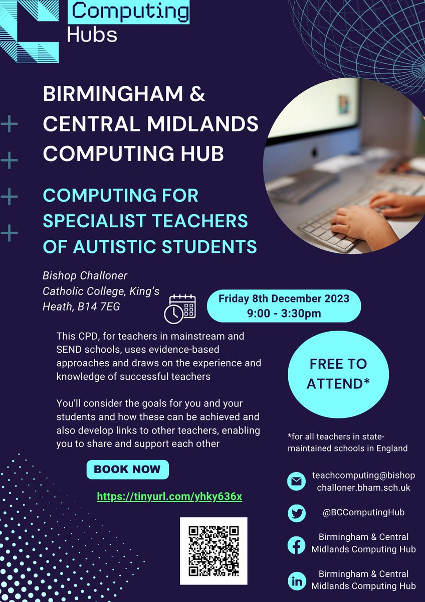 CDP for teachers in mainstream & SEND schools Computing for Specialist Teachers of Autistic Students on 8th December is available now Find out more and book your place here 🖱️👇👇 tinyurl.com/yhky636x