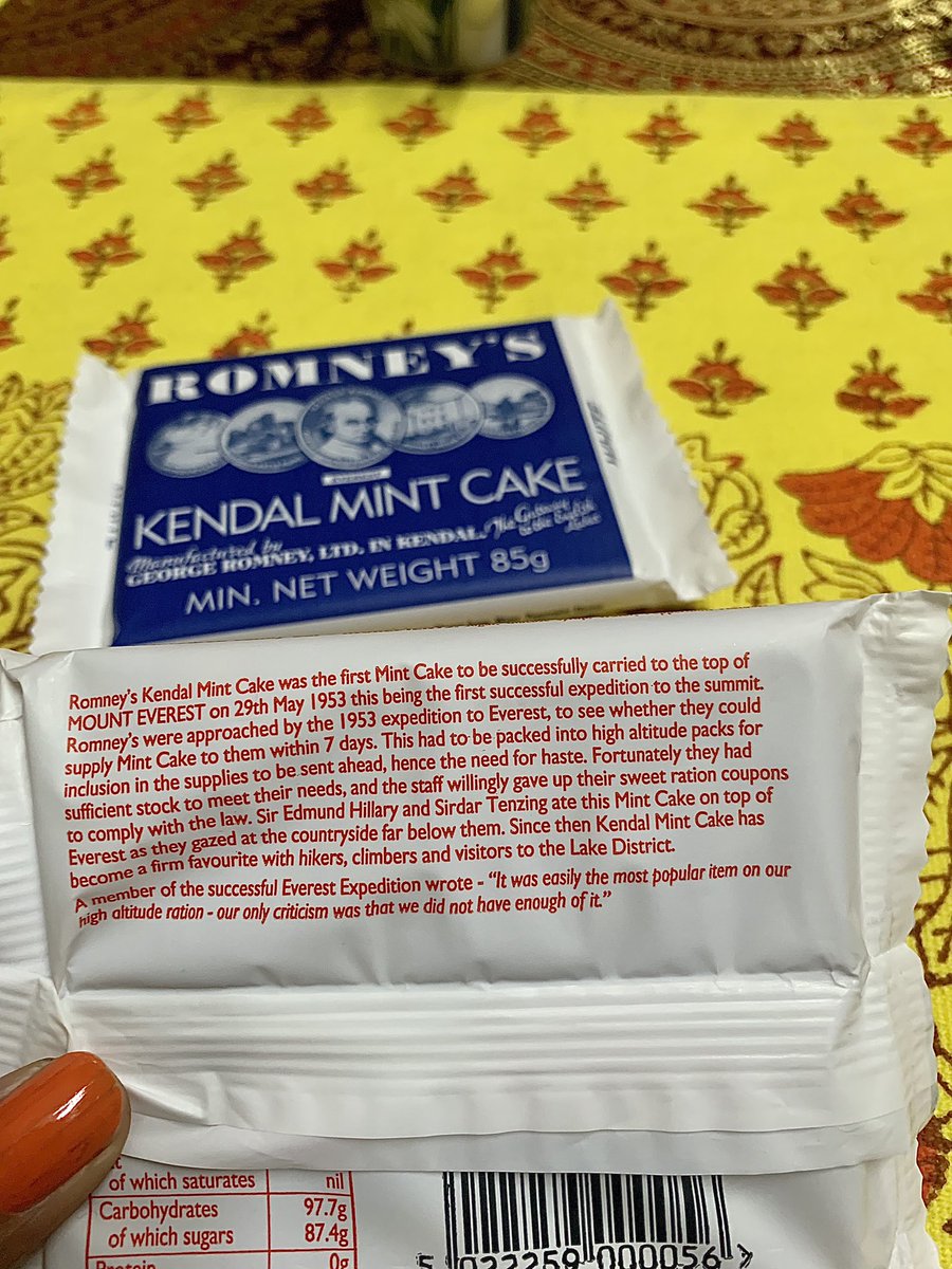 Nimitiwari's tweet photo. Just learned the glory of the ‘Romney’s Kendal Mint Cake’ manufactured by George Romney Ltd in Kendal - Everest summit snack since 1953 is truly informative. Wow! 

@romneysmintcake 
#everest #norgay #trivia #didyouknow 
@LinkITBlueCollr https://t.co/0CyfLuoPWw